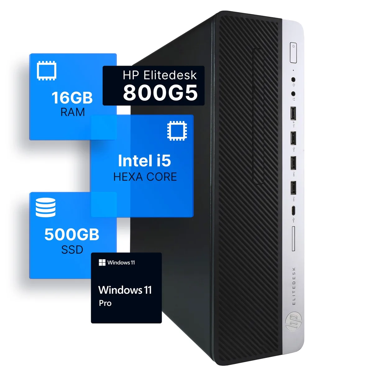 HP HP EliteDesk 800G5 desktop PC i5-9500 3.2GHz 16GB DDR4 500GB SSD Windows 11 Pro Wi-Fi 6 — product photo