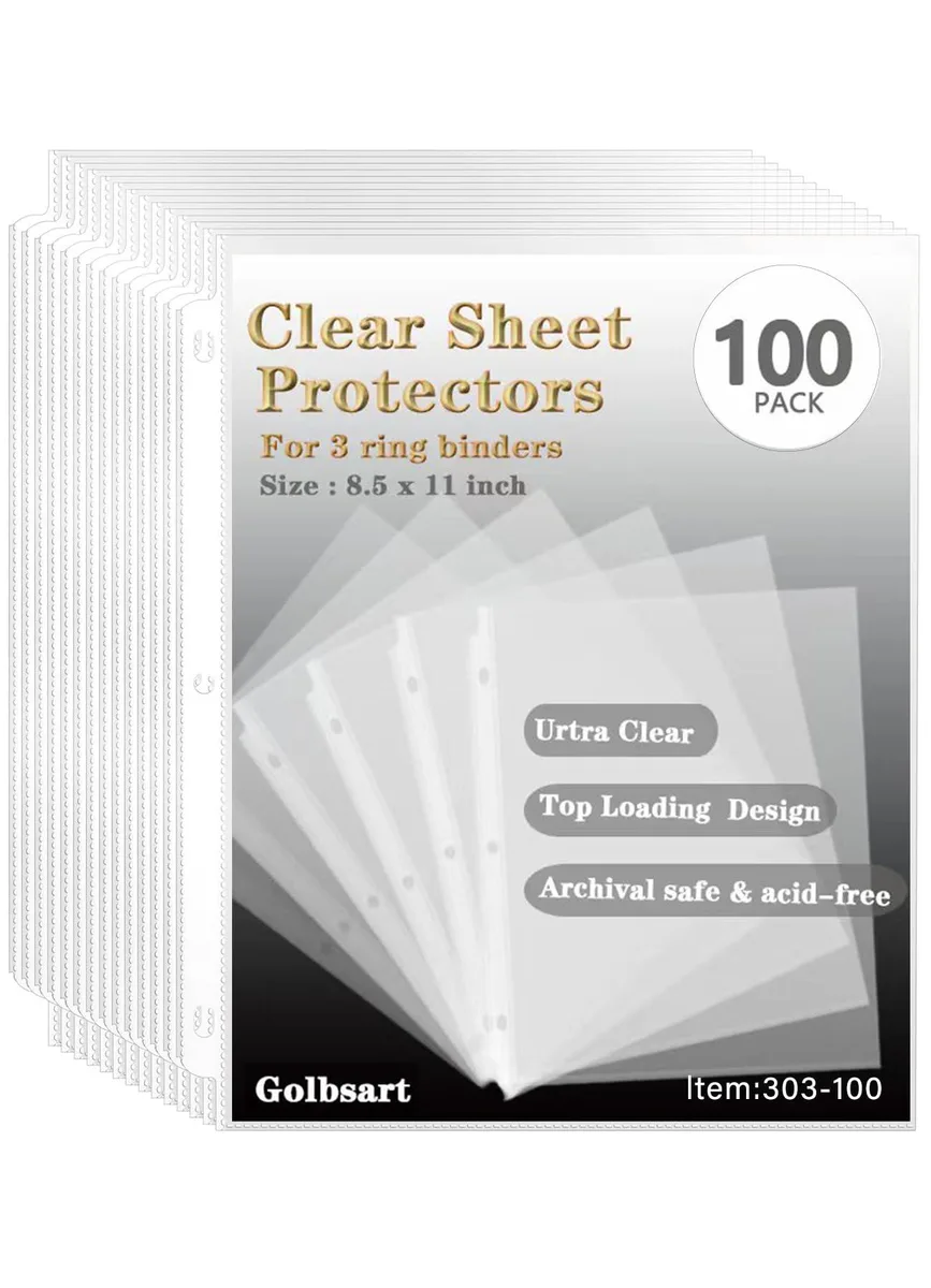 Pack of 100 clear polypropylene sheet protectors, top-loading for 8.5 x 11 inch paper