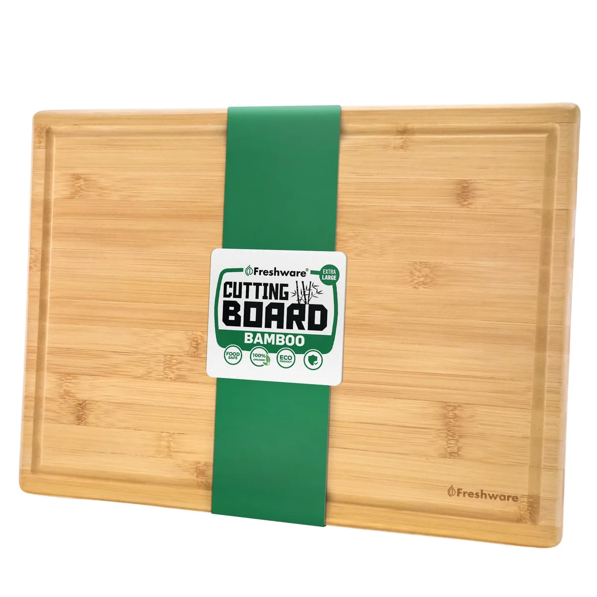 Rectangular bamboo cutting board with juice groove and side handles, light-brown finish