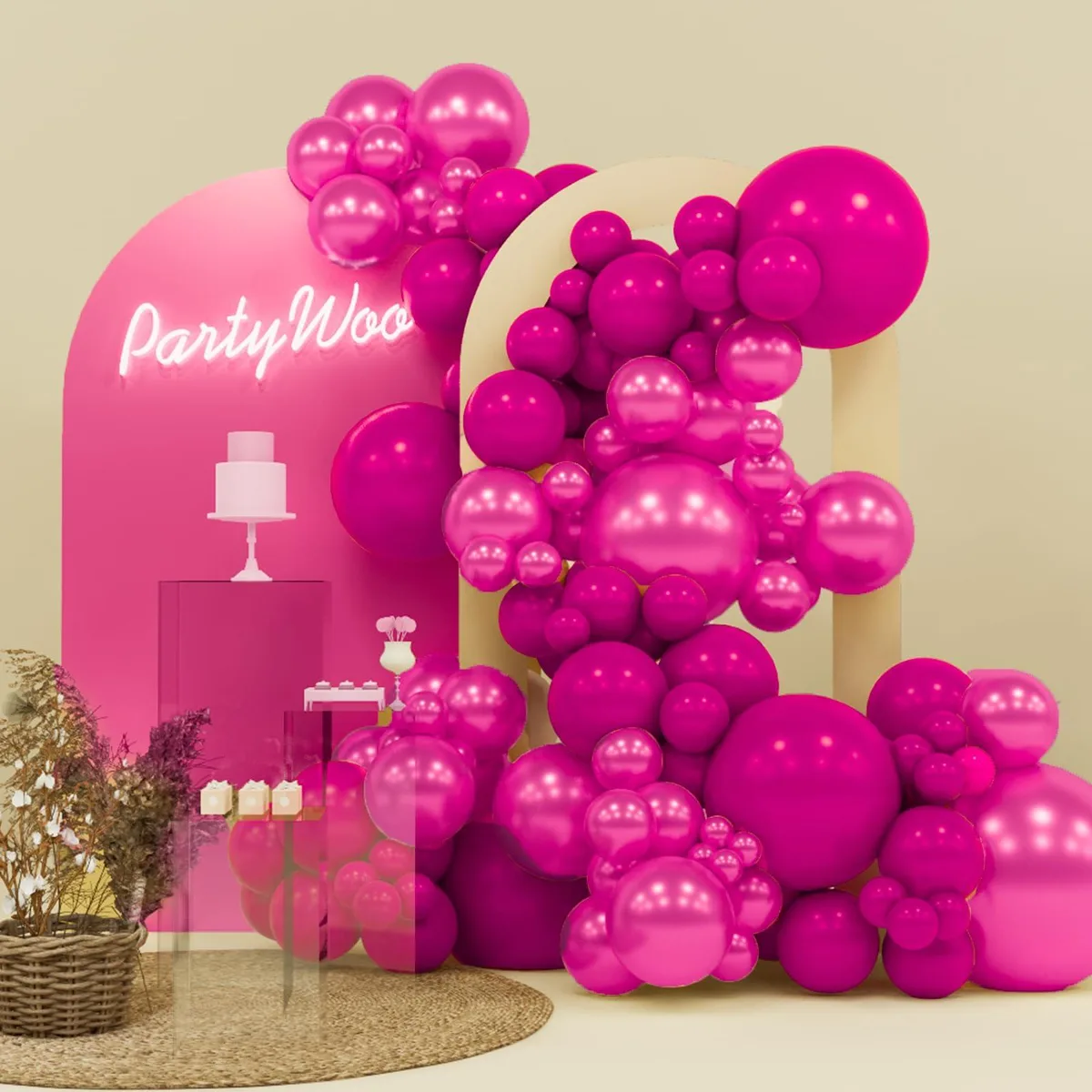 PartyWoo 140 pcs Hot Pink Metallic Balloon Arch Kit 18 12 10 5 Inch — product photo