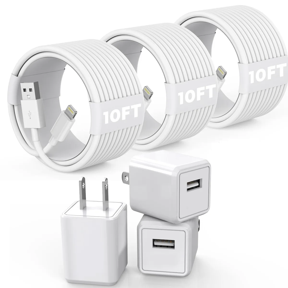 KEHIPI KEHIPI 3 Pack 10 ft USB A to Lightning Cable with Wall Charger White — product photo
