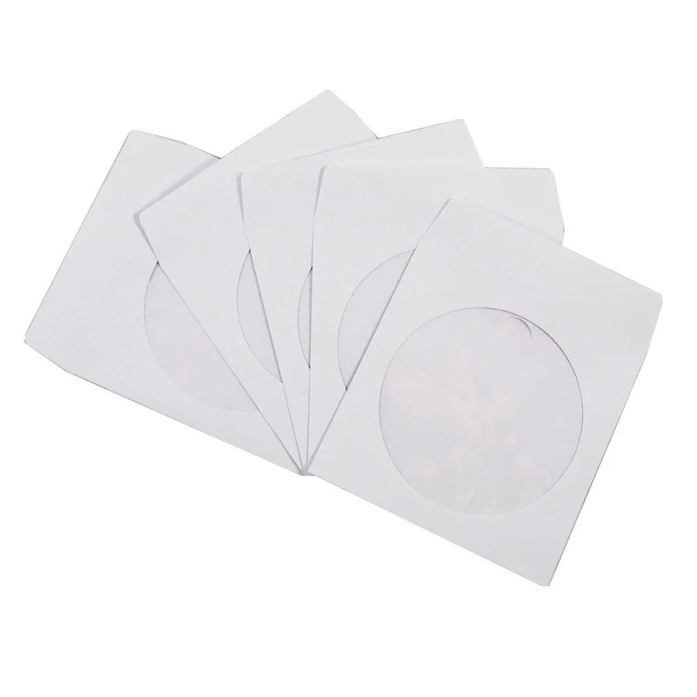 Stack of 100 white paper CD sleeves with clear window and flap