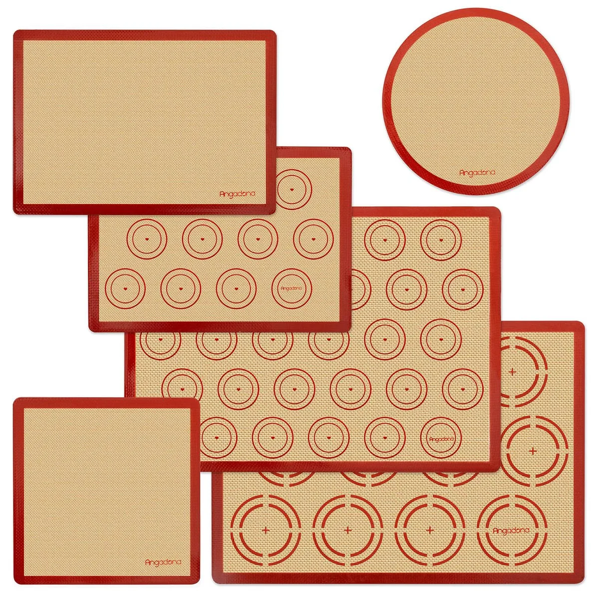 Six flexible silicone mats in rectangular, square and round shapes, light brown finish