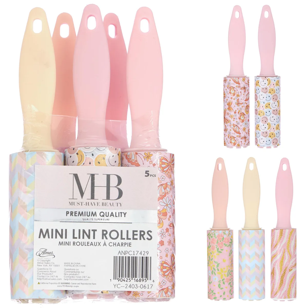 Five colorful mini lint rollers in compact plastic cases