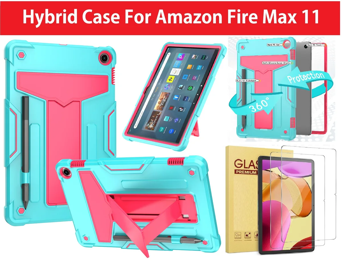 Teal and pink rugged cover case with kickstand for Fire Max 11 tablet