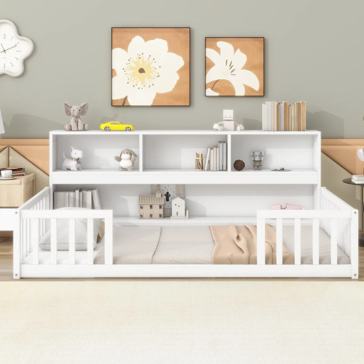 White pine twin floor bed with full-length bookcase, shelves and guardrails with entry opening