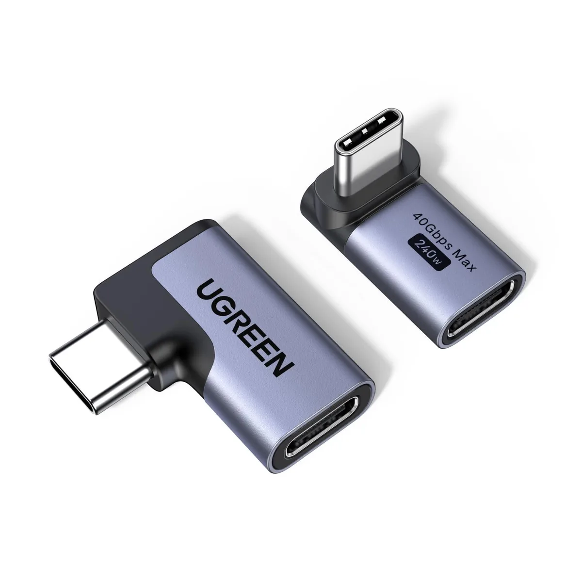 Two Space Gray USB-C right-angle adapters, one left-right and one top-bottom, aluminum finish