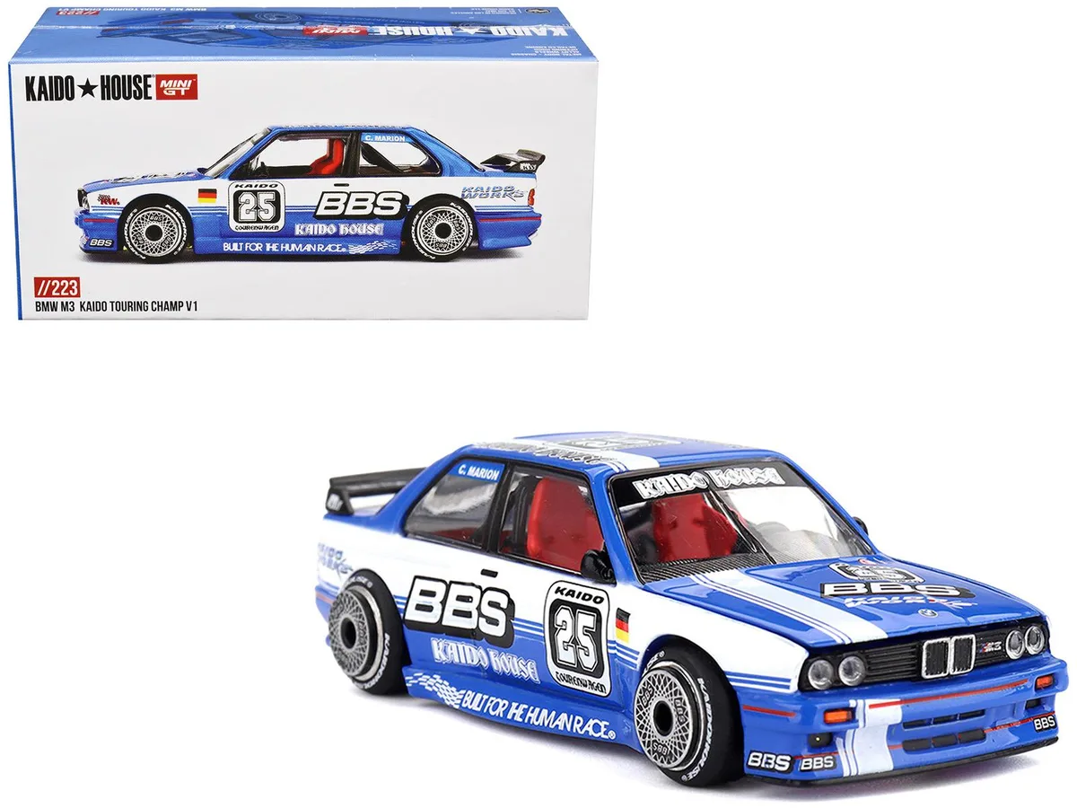 Mini GT Mini GT BMW M3 Kaido Touring Champ V1 #25 Blue White Stripes Kaido House 1/64 Diecast Hobby Collectible — product photo