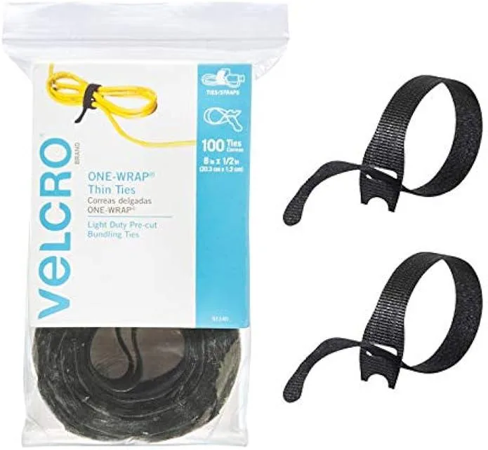 Black Velcro One-Wrap cable ties, 100 pre-cut straps with slotted heads, thin self-fastening design