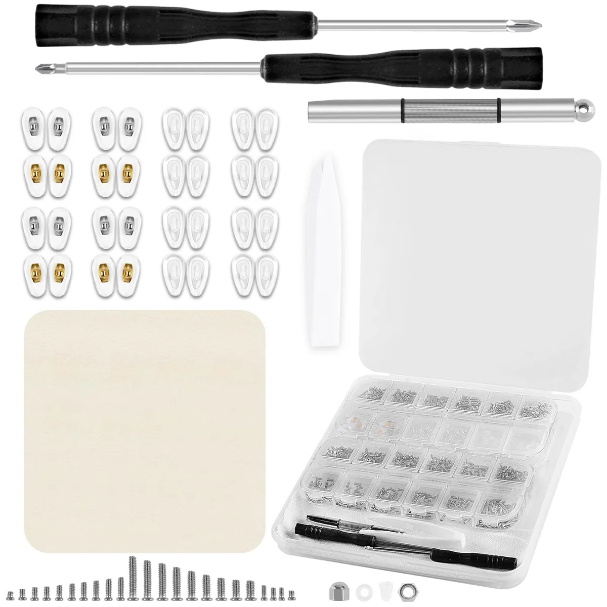 Compact eyeglass repair kit with assorted screws, silicone nose pads, magnetic screwdrivers and tweezers