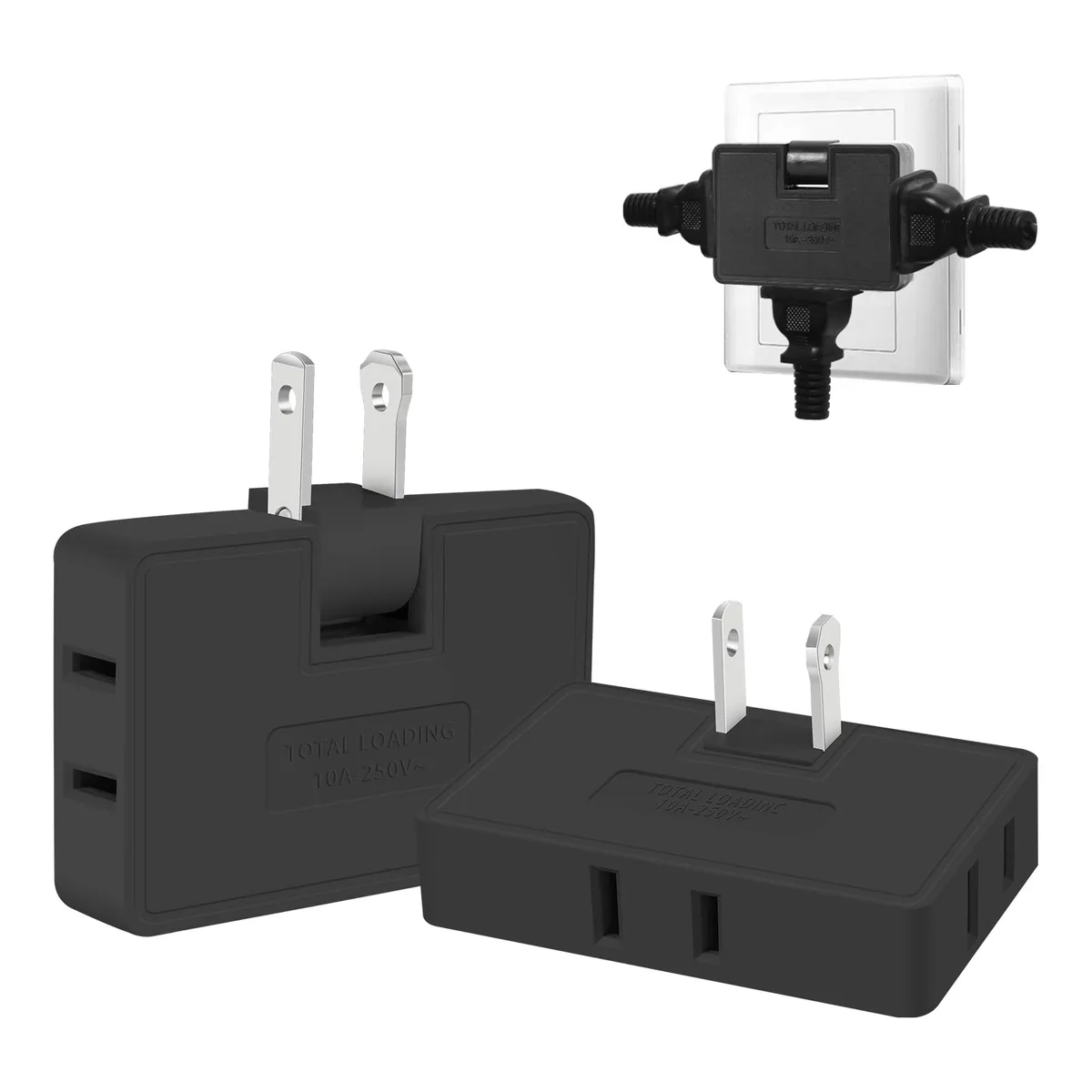 Two black flat outlet extenders with 180° rotatable plugs and three sockets each