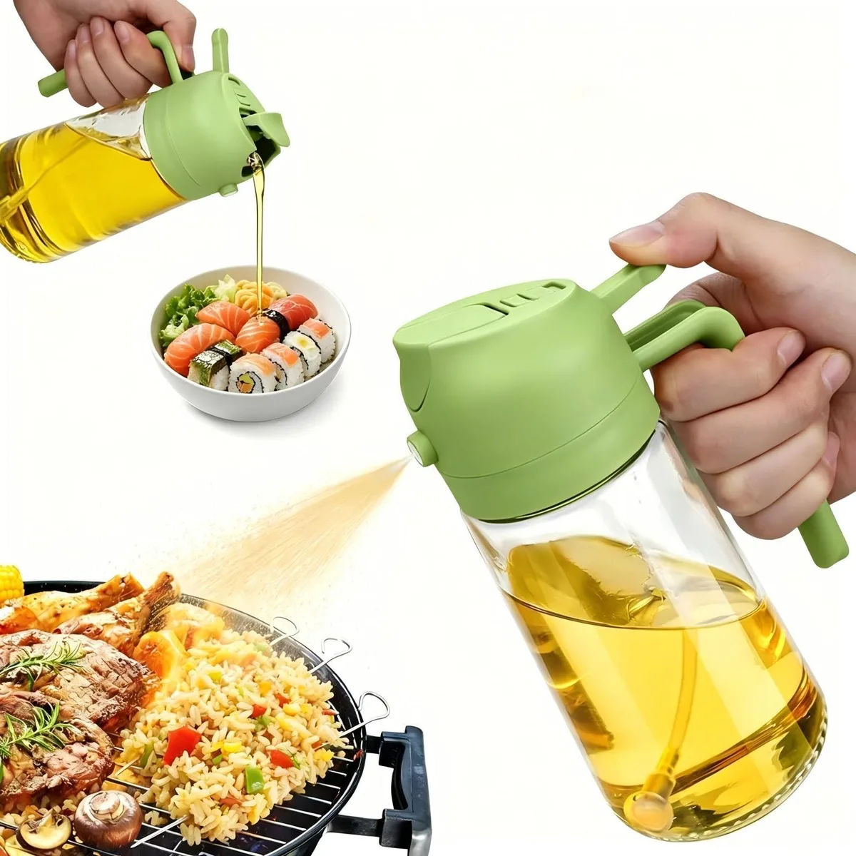  2 in 1 Olive Oil Spray Bottle 470ml 16oz Glass Sprayer Green — product photo