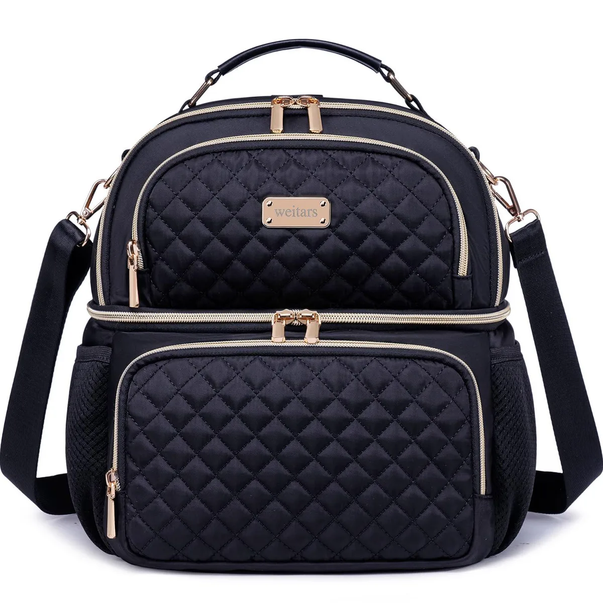 Beige insulated lunch bag with dual zippered compartments, front pockets and mesh side pockets