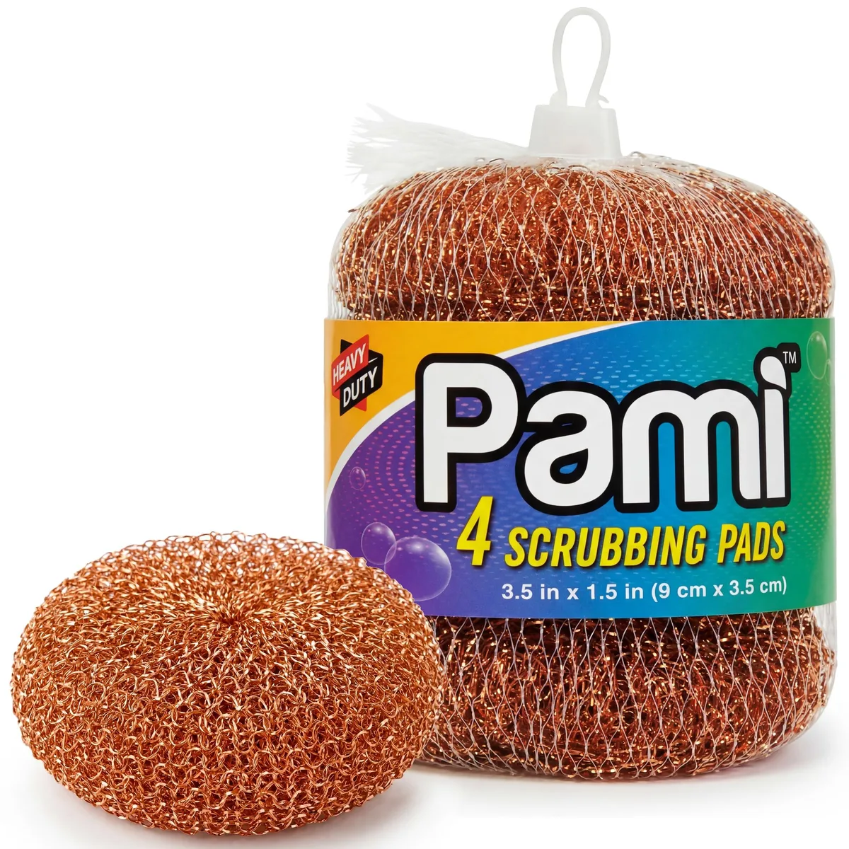 Four copper mesh scrubbers, coiled round pads, golden metallic finish