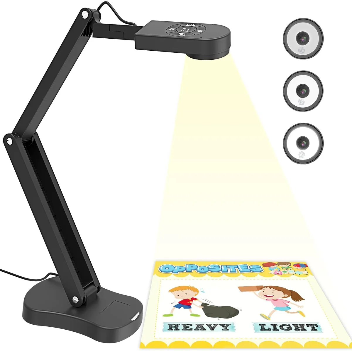 Black foldable document camera on articulated arm, dual microphone bar, LED ring light, USB cable attached