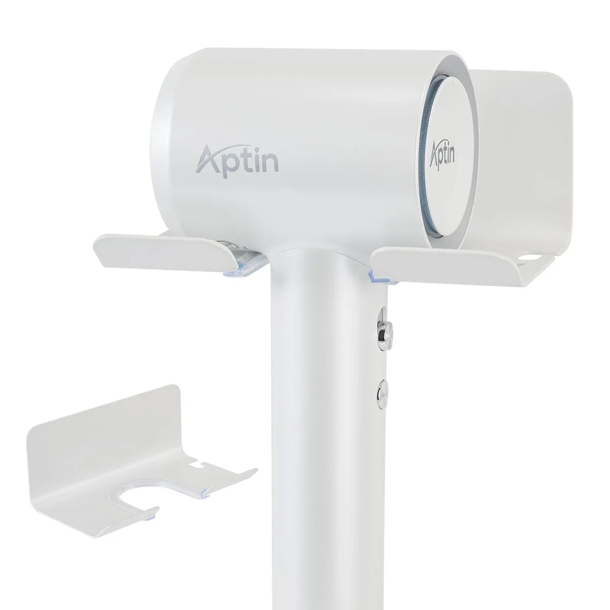 Wall-mounted hair dryer holder in silver aluminium, adhesive-backed, open cradle design