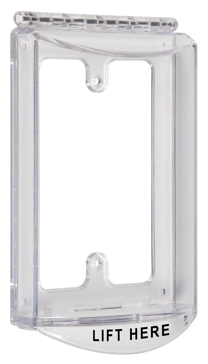 Clear polycarbonate hinged cover with mounting frame, single-gang, 4.46 by 3.275 by 1.03 inches
