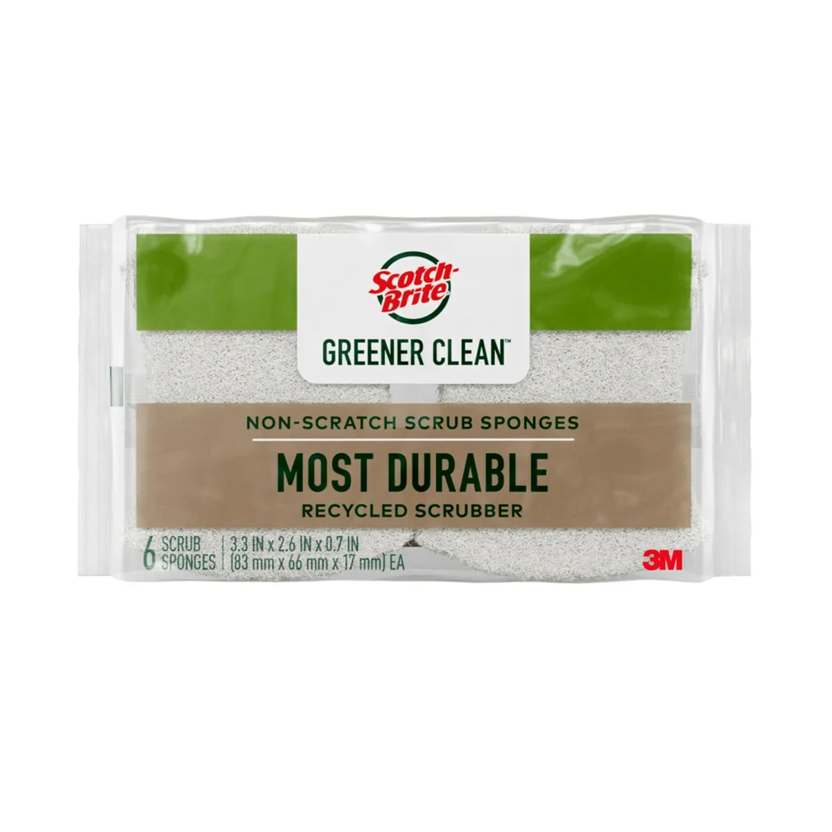 Six rectangular green scrub sponges in clear packaging
