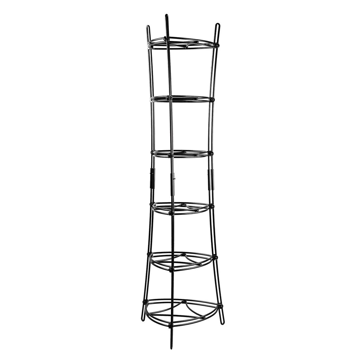 Black freestanding six-tier cookware tower, 16.38 by 17.3 by 58.11 inches