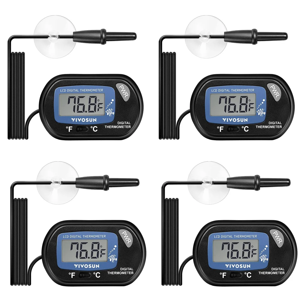 Four black LCD digital aquarium thermometers with suction cups and long cables