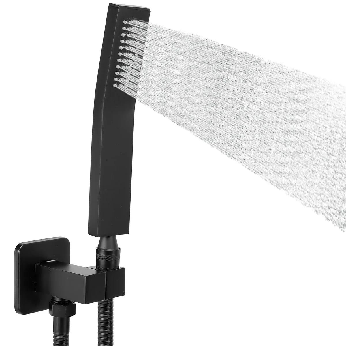 Matte black brass handheld shower head with L-shaped handle, wall bracket and 5ft stainless steel hose