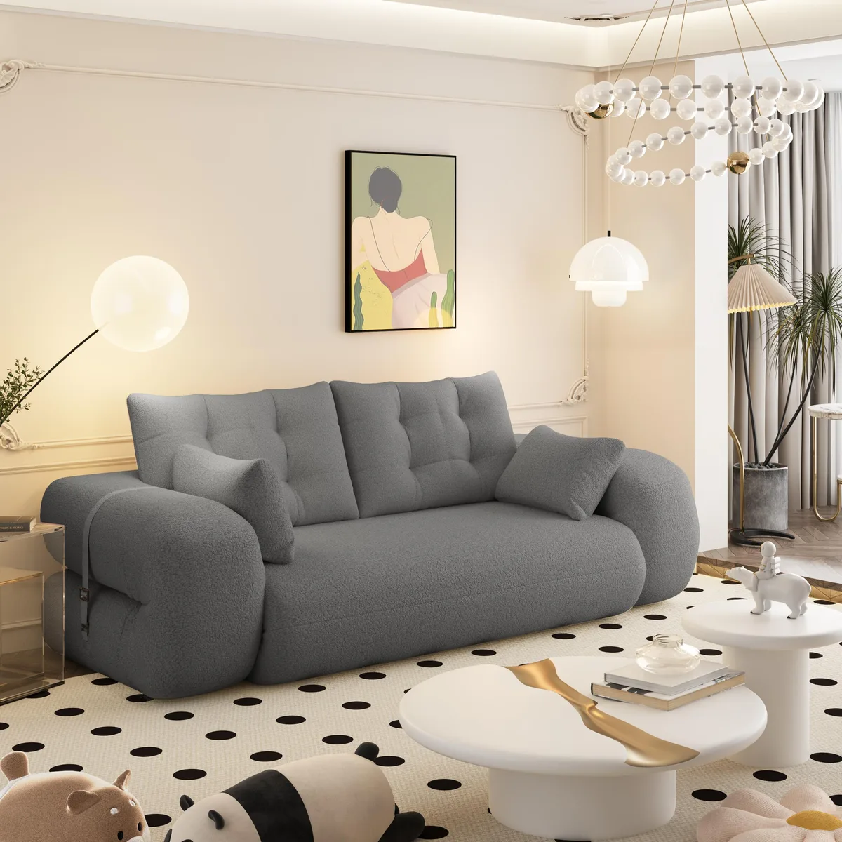 Grey foldable sofa bed in teddy fabric, 78.7 inches long, shown flat with plush pillows