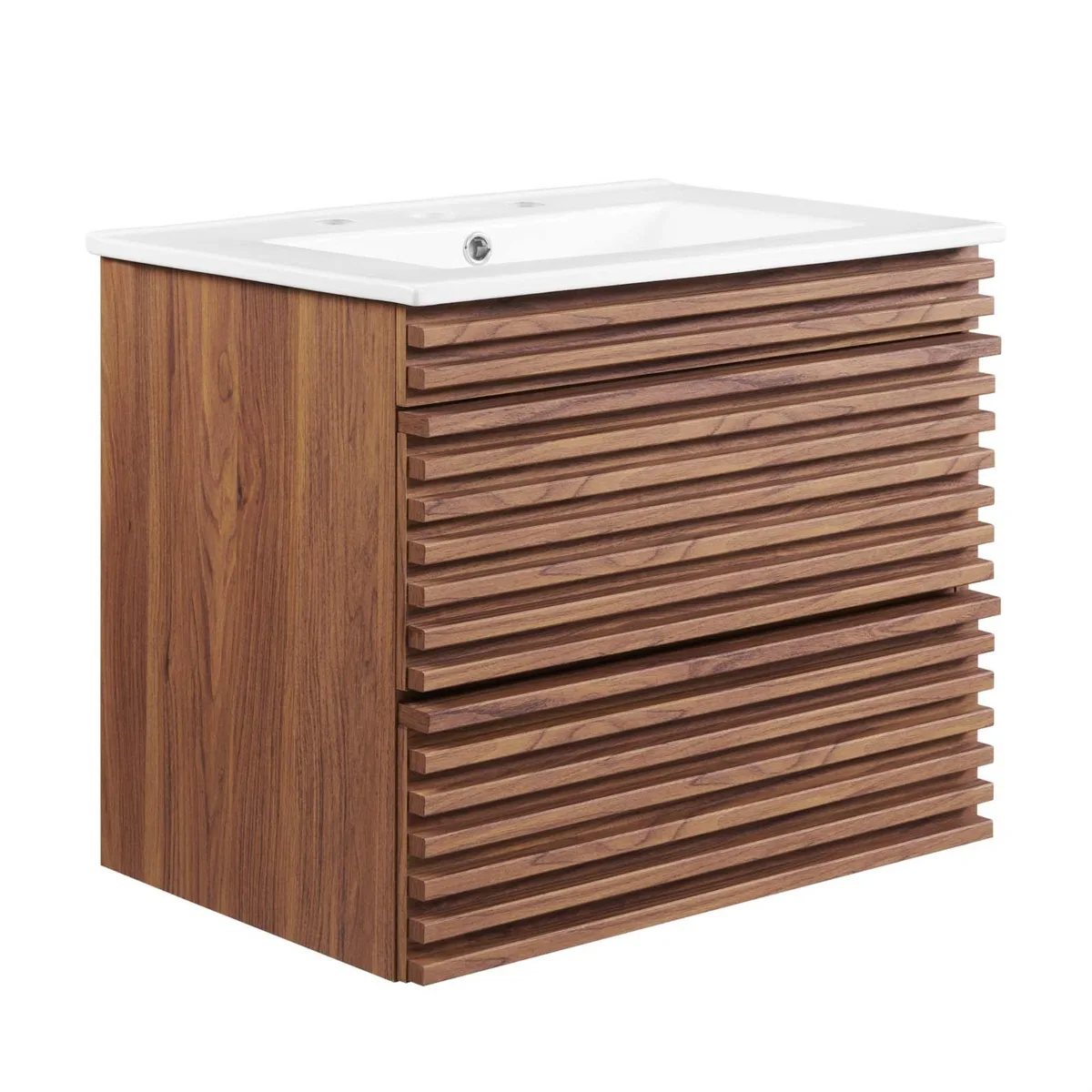 Wall-mounted bathroom vanity with walnut woodgrain finish, white ceramic sink, two drawers