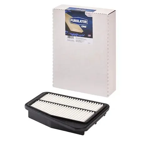 White rectangular pleated paper air filter with orange PurolatorONE branding
