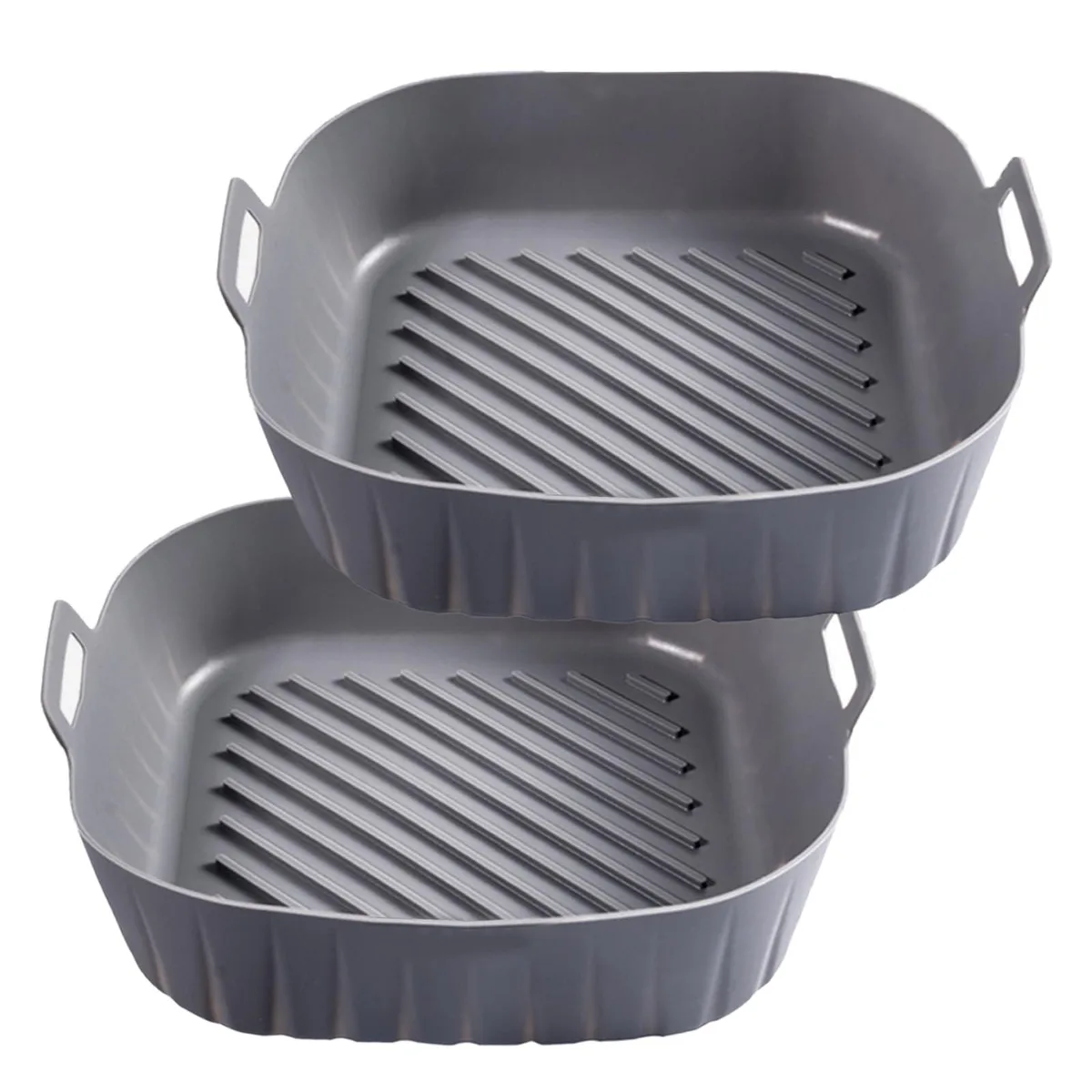 Two grey square silicone liners with raised edges and side handles, 8.5 inch size