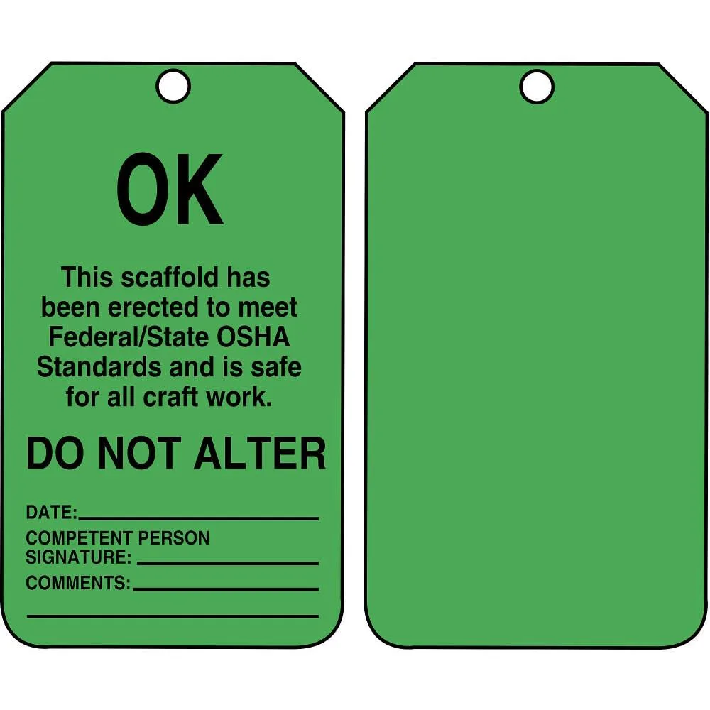 Pack of 25 rectangular scaffold tag cards, cardstock finish, English text, reinforced mounting holes