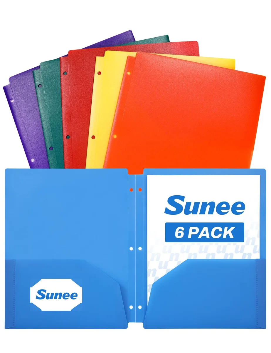Six pastel-coloured plastic twin-pocket folders with three-ring holes, 8.5 x 11 inches