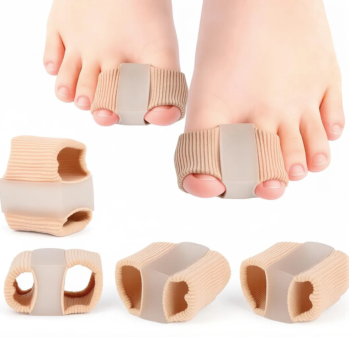 Four white gel toe spacers with dual loops