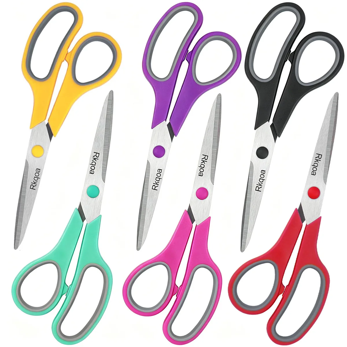 Six 8-inch stainless steel scissors with multicolour comfort-grip handles