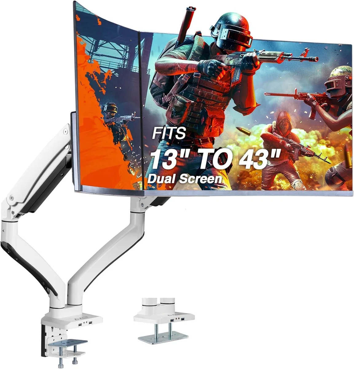 PISKEKAT PISKEKAT Dual 13-43" Monitor Arm Desk Mount White VESA C-Clamp Grommet Cable Management — product photo