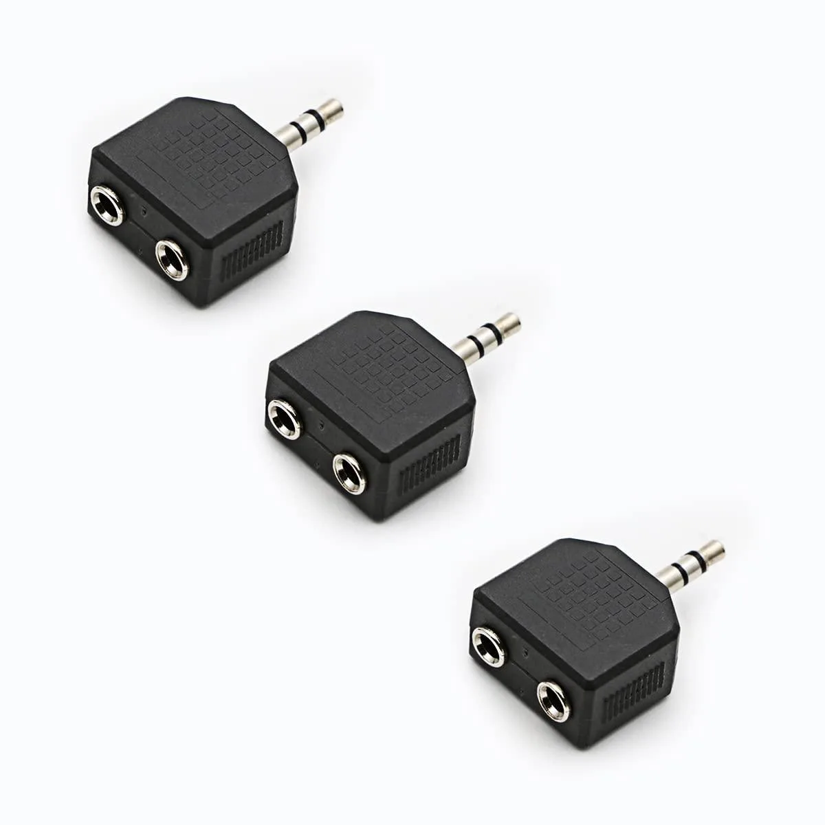Three black Y-splitters with gold 3.5mm plugs and dual sockets