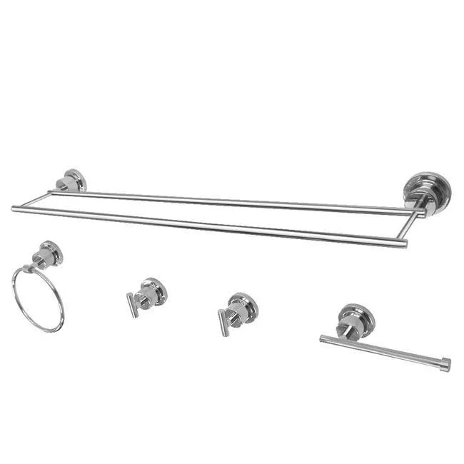 Five-piece chrome bathroom set with towel bar ring hooks and paper holder