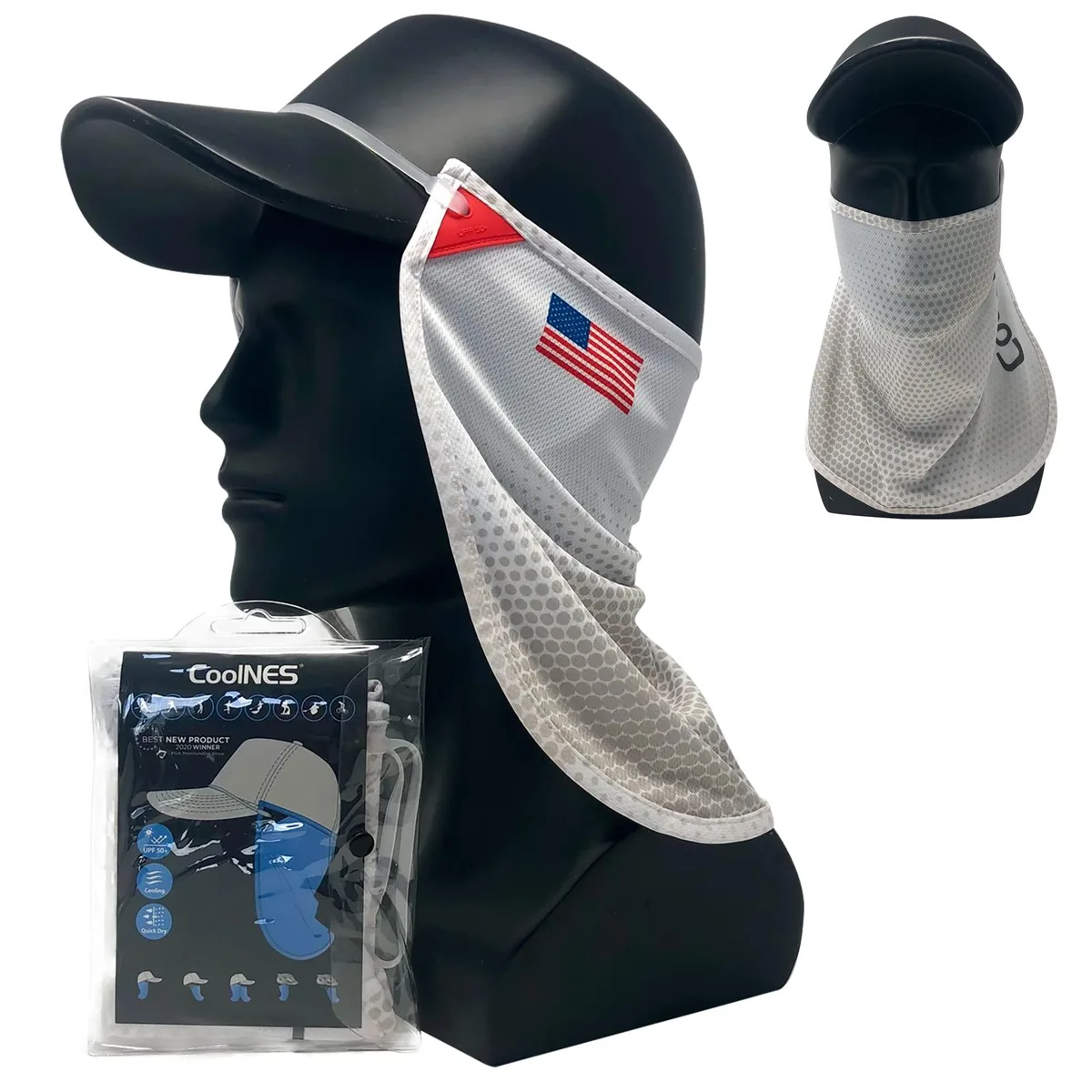 Lightweight polyester neck drape with adjustable silicone headbands, UPF 50+ sun protection