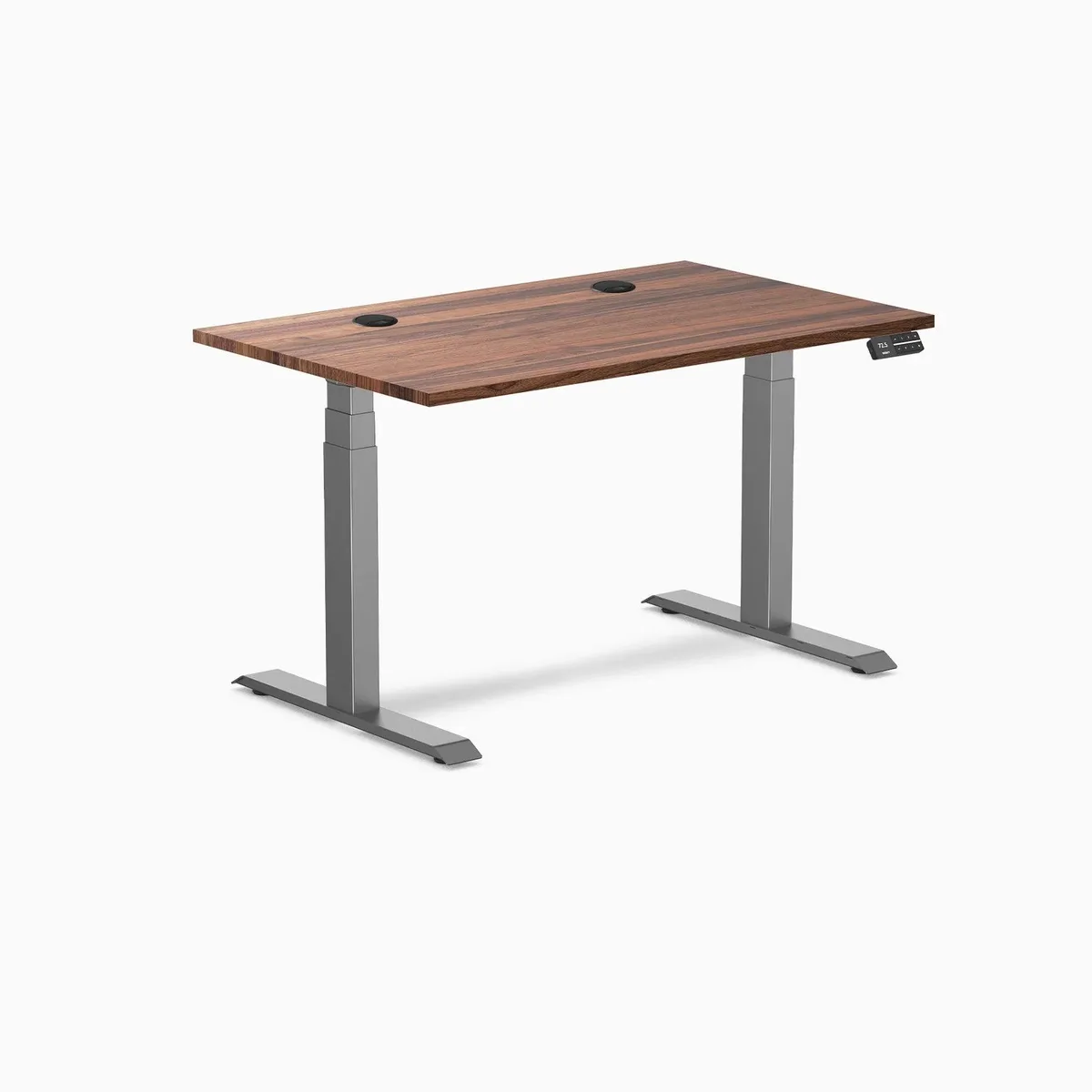 Desky Desky Dual Hardwood Sit Stand Desk Walnut 48 x 30 inches with Grommets Space Grey office furniture — product photo