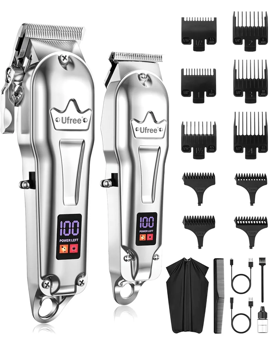 Silver cordless hair clipper and trimmer set with LED display and guide combs