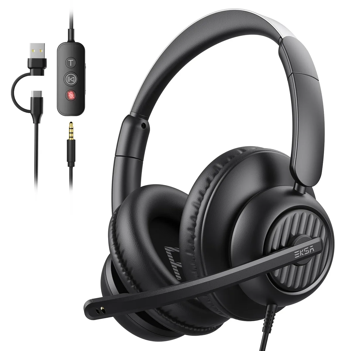  EKSA H8 Over-Ear Headphone Black 40mm 3.5mm USB-C USB-A 2.35m Cable — product photo
