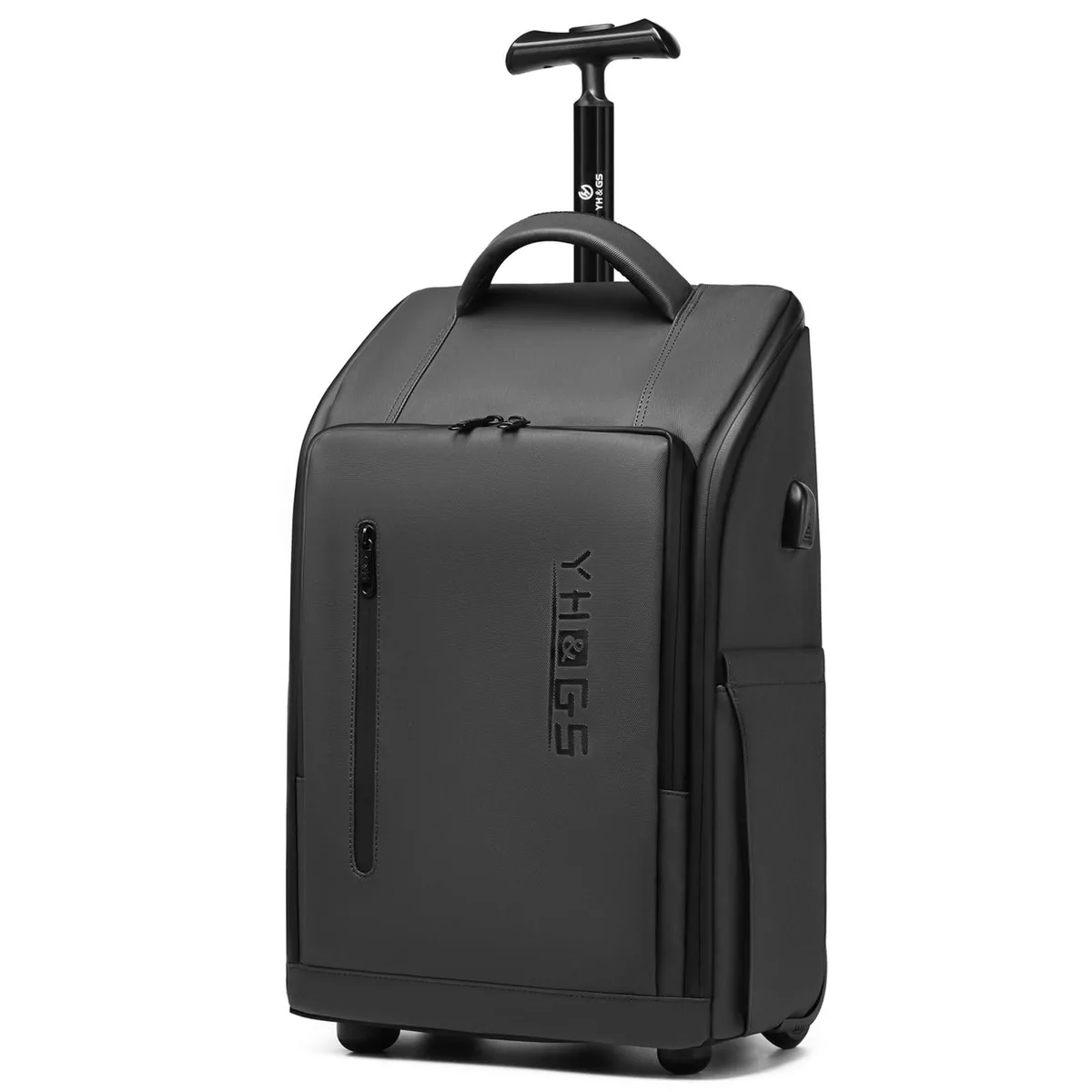 Grey wheeled backpack with retractable handle and padded straps