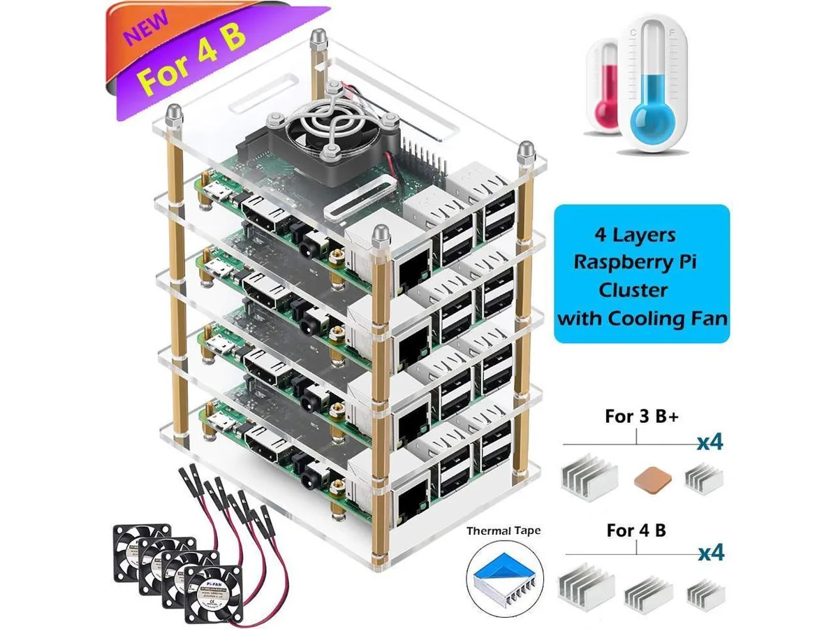 Clear acrylic four-layer stackable Raspberry Pi case with four fans and heatsinks