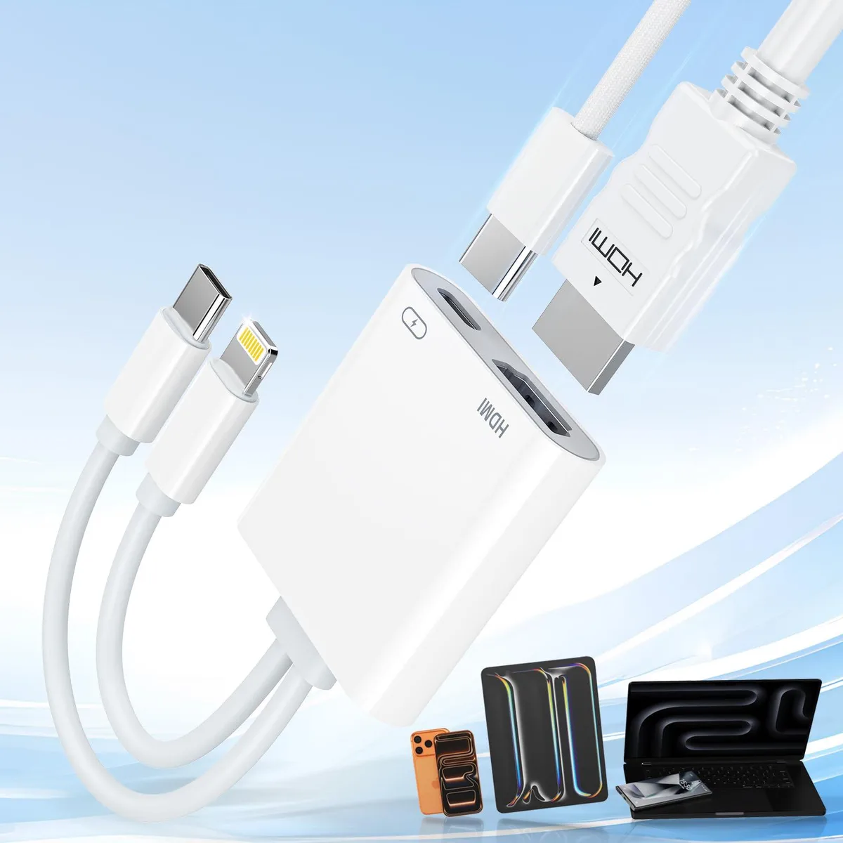 Compact black adapter with Lightning and USB-C plugs and an HDMI port