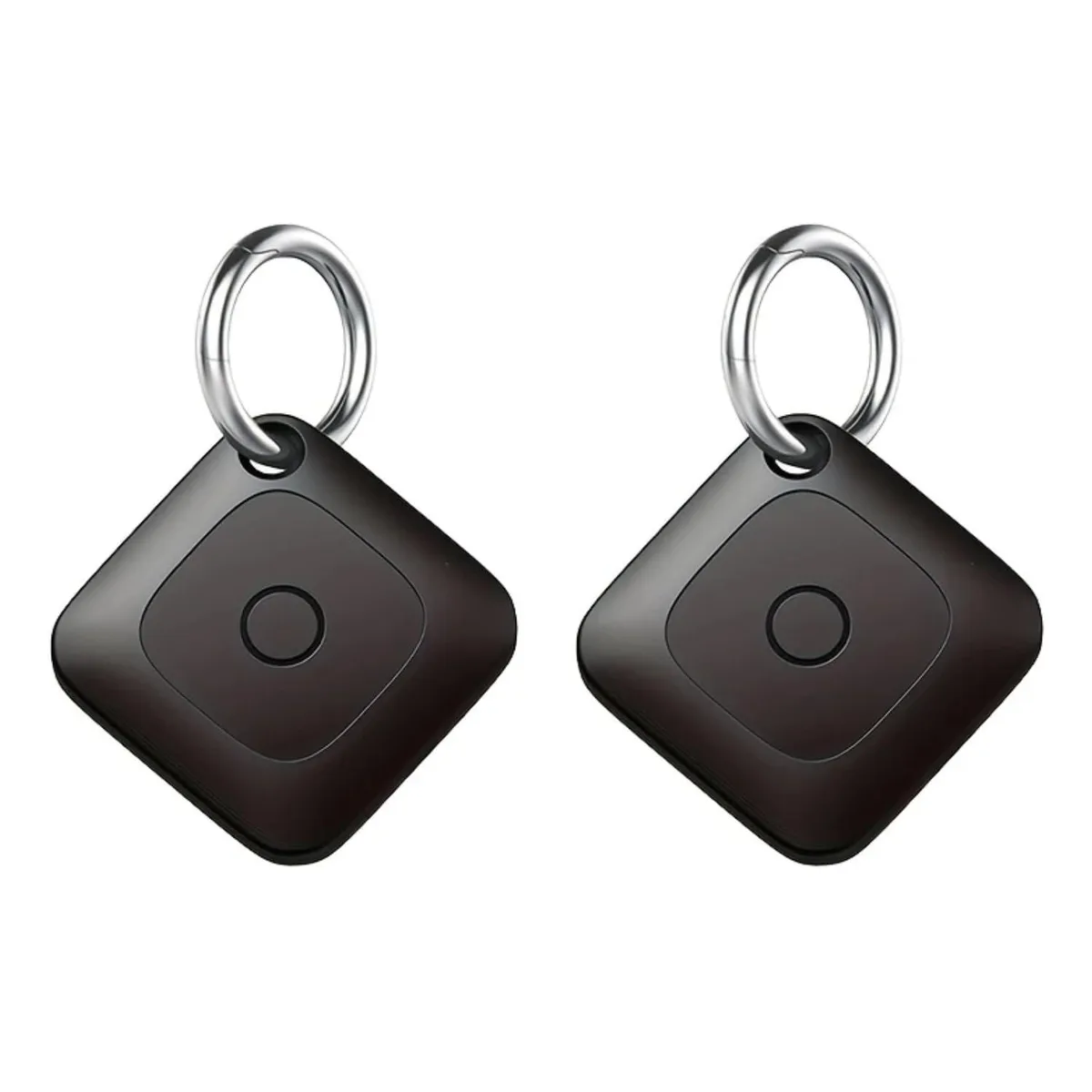 Two tiny waterproof GPS trackers, matte finish, key-ring size