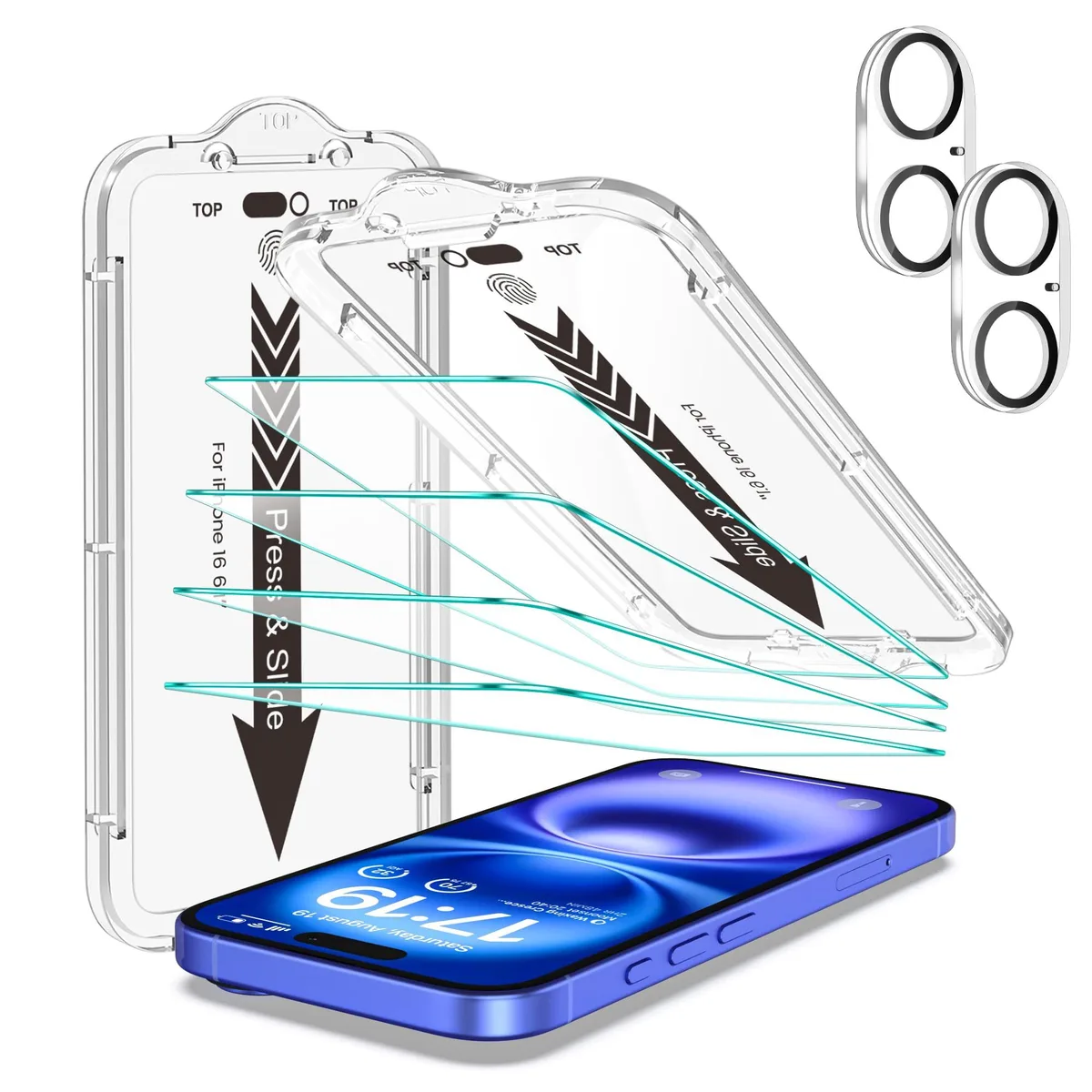 Clear tempered glass screen protector and two camera lens protectors for iPhone 16 6.1 inch