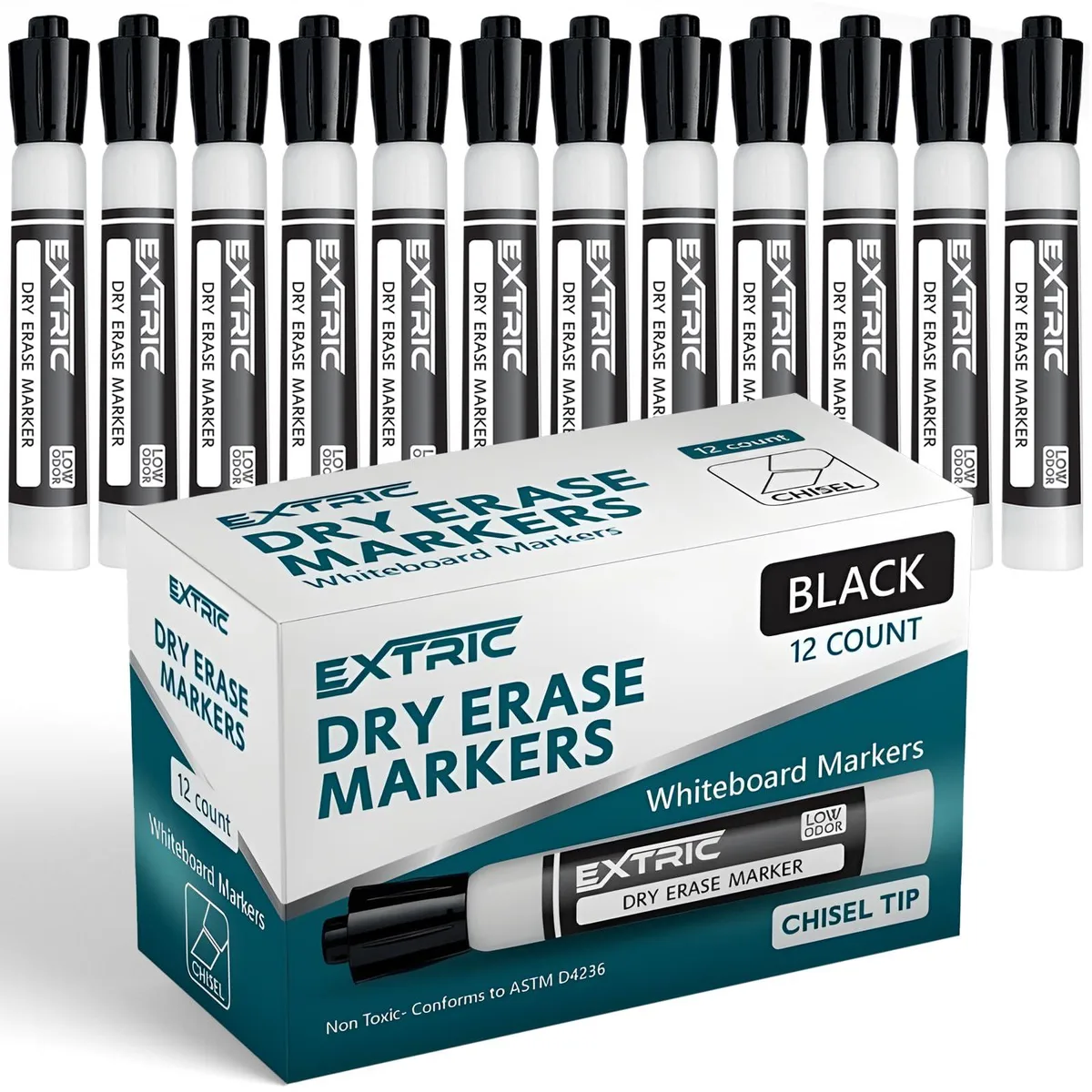 Box of twelve black dry-erase markers with chisel tips