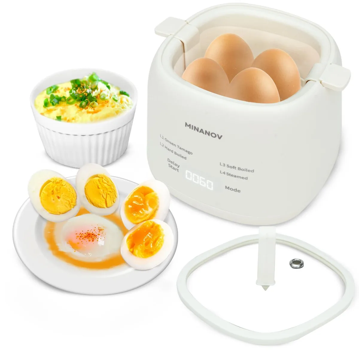 Compact white egg cooker with transparent lid and touch controls