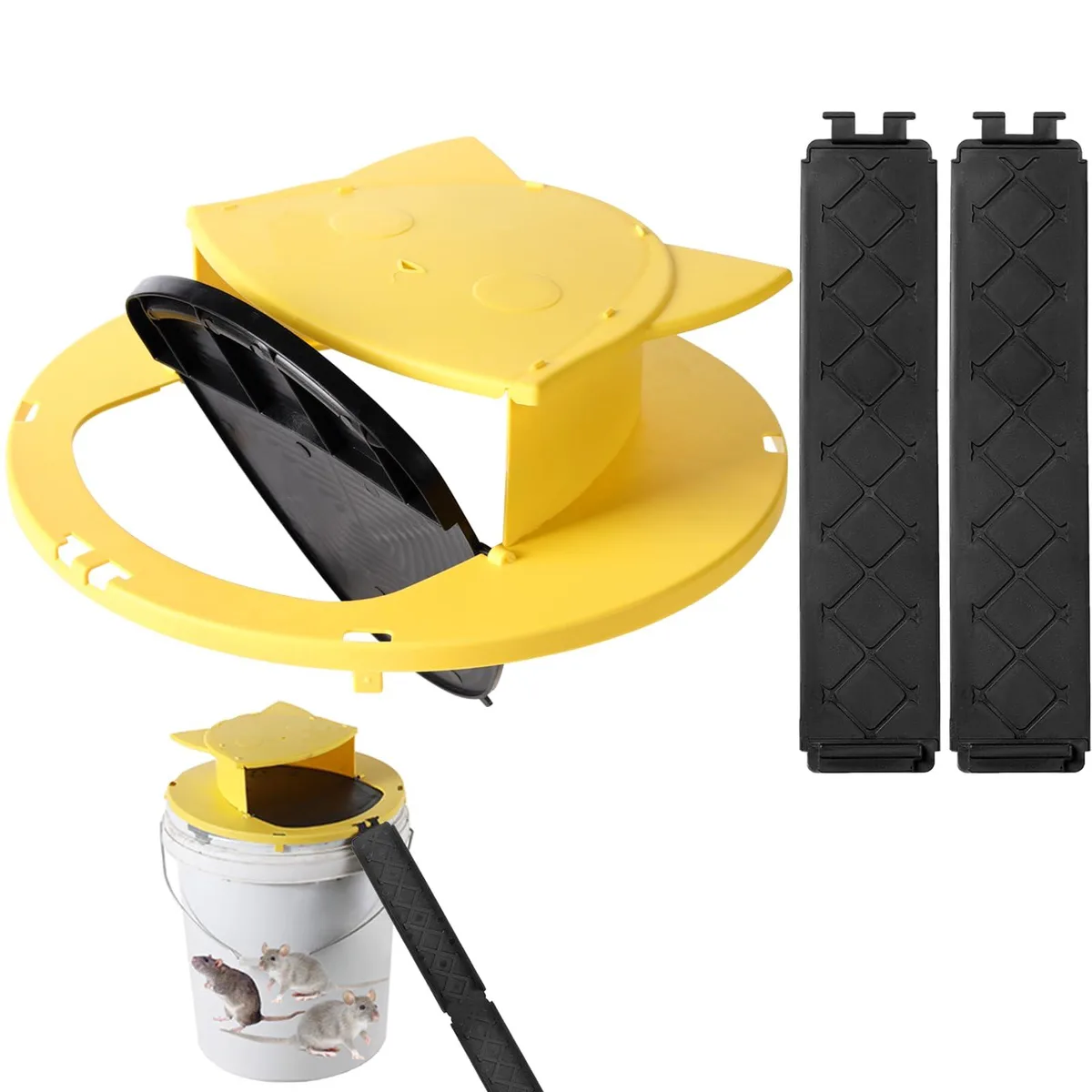 Black plastic bucket lid trap with ramp and rotating door, fits standard five gallon bucket