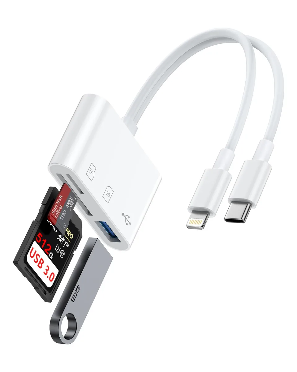  SD Card Reader iPhone iPad Samsung C Lightning Dual Port Micro USB Adapter Game Camera — product photo