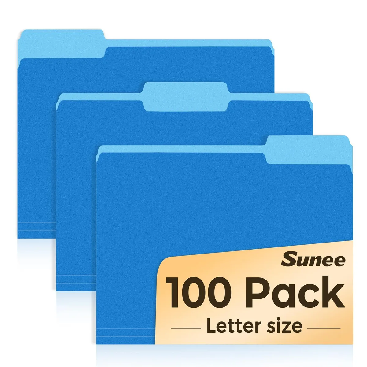 Stack of 100 blue letter-size file folders with 1/3-cut tabs